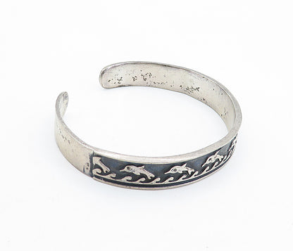 MEXICO 925 Sterling Silver  Vintage Oxidized Dolphin Cuff Bracelet  BT2514