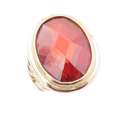925 Sterling Silver Vintage Ring Large Oval Cut Red CZ  Sz 9  RG31079
