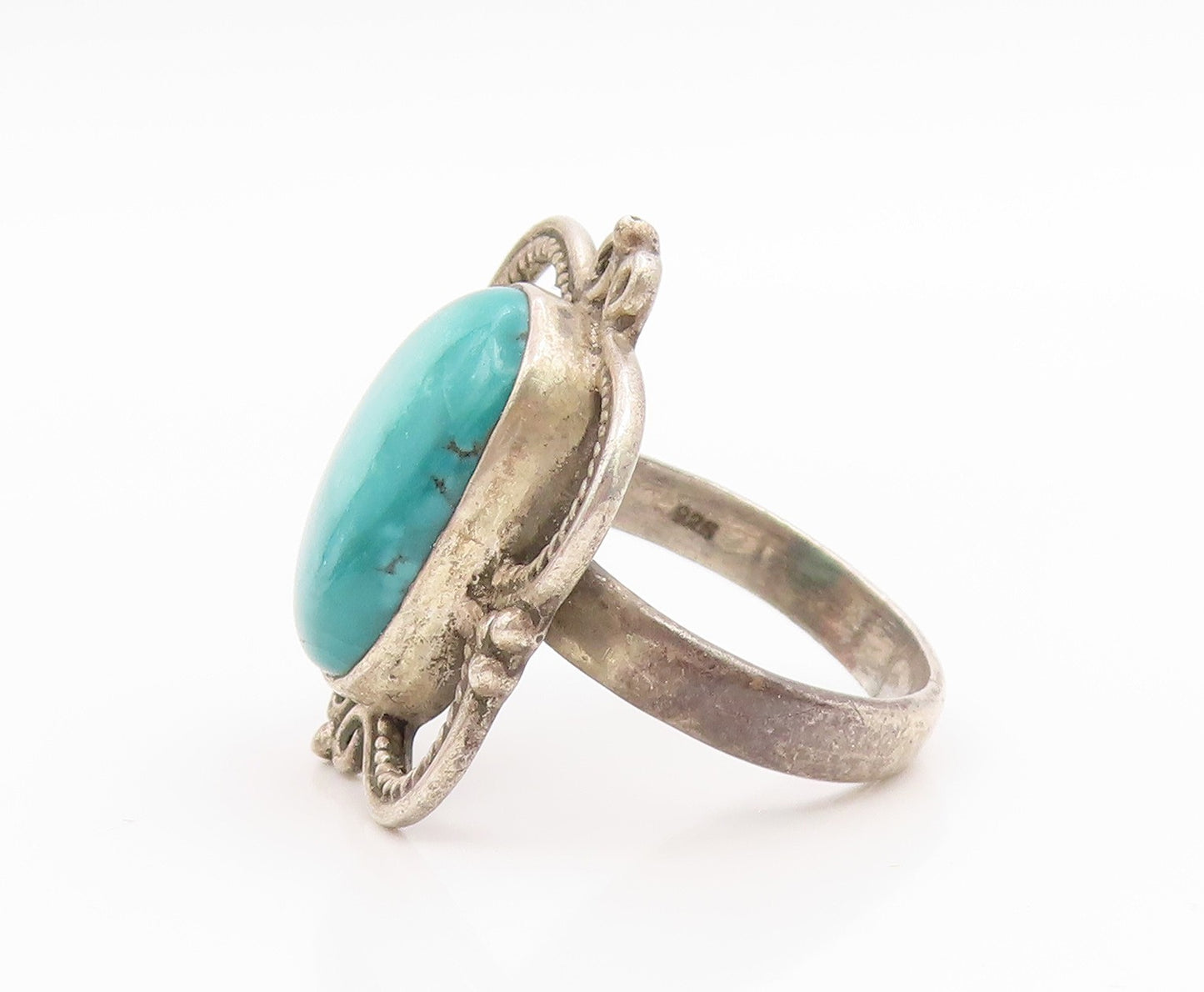 925 Sterling Silver Vintage Ring Cabochon Turquoise Statement Band Sz 9 RG35574