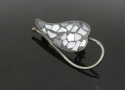 ISRAEL 925 Silver  Vintage Mother Of Pearl Mosaic Leaf Brooch Pin  BP8994