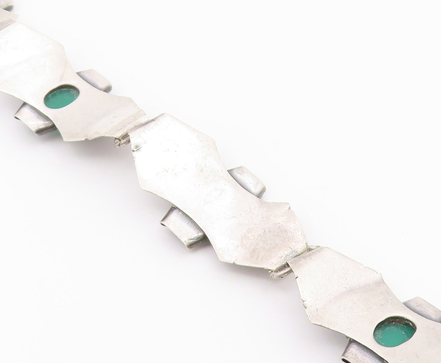 EUROPEAN 925 Silver  Vintage Green Carnelian Modernist Chain Bracelet  BT8068