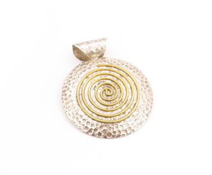 925 Sterling Silver Vintage Pendant Two Tone Hammered Modernist Spiral  PT25097
