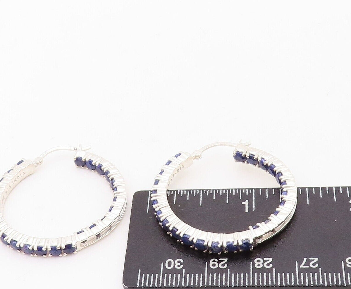 925 Sterling Silver Vintage Earrings Minimalist Sapphire Inlay Hoops  EG13155