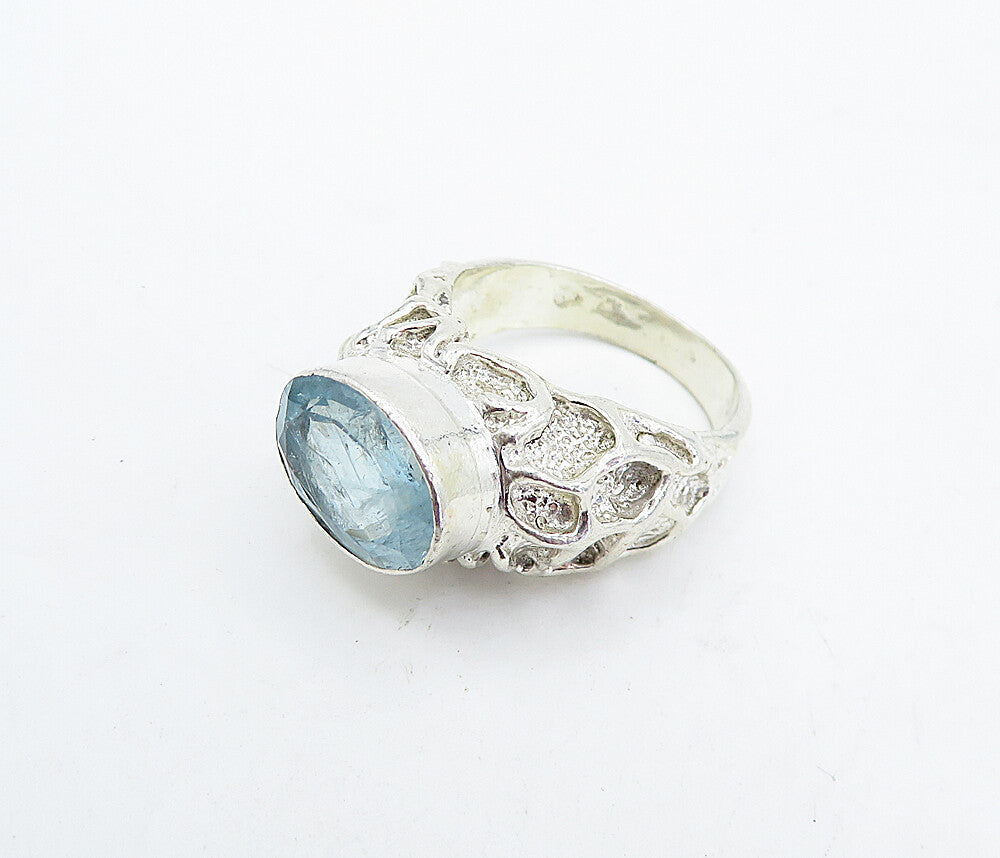925 Sterling Silver  Blue Topaz Sculpted Band Cocktail Ring Sz 7.5  RG4536