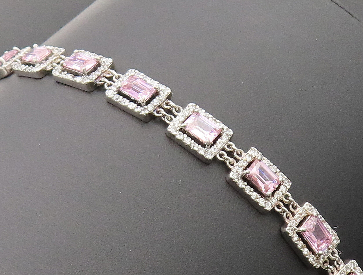 925 Sterling Silver Vintage Bracelet Rectangle Link Pink Halo White CZ  BT10249