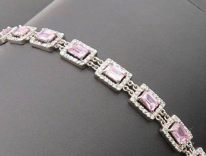 925 Sterling Silver Vintage Bracelet Rectangle Link Pink Halo White CZ  BT10249