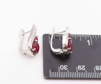 925 Sterling Silver Vintage Earrings Real Diamonds & Ruby Swirl Drop  EG14214