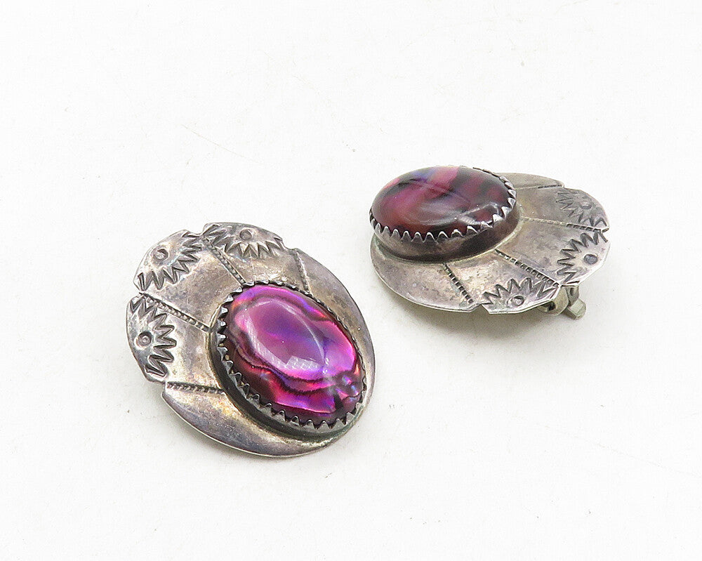 NAVAJO 925 Sterling Silver  Vintage Abalone Shell Etched Drop Earrings  EG5053