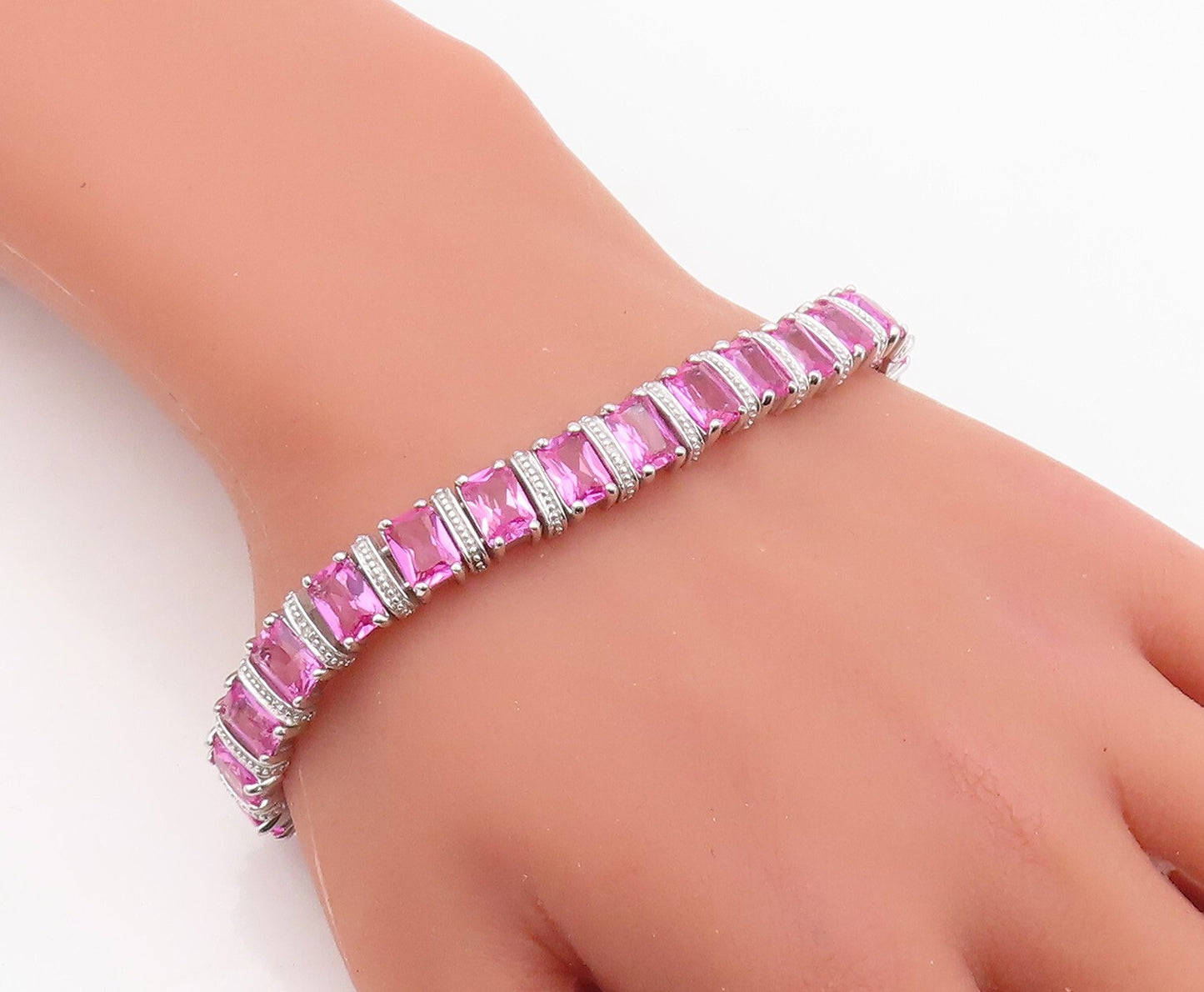 925 Sterling Silver Vintage Bracelet Rectangle Pink & White CZ Inlay  BT10866