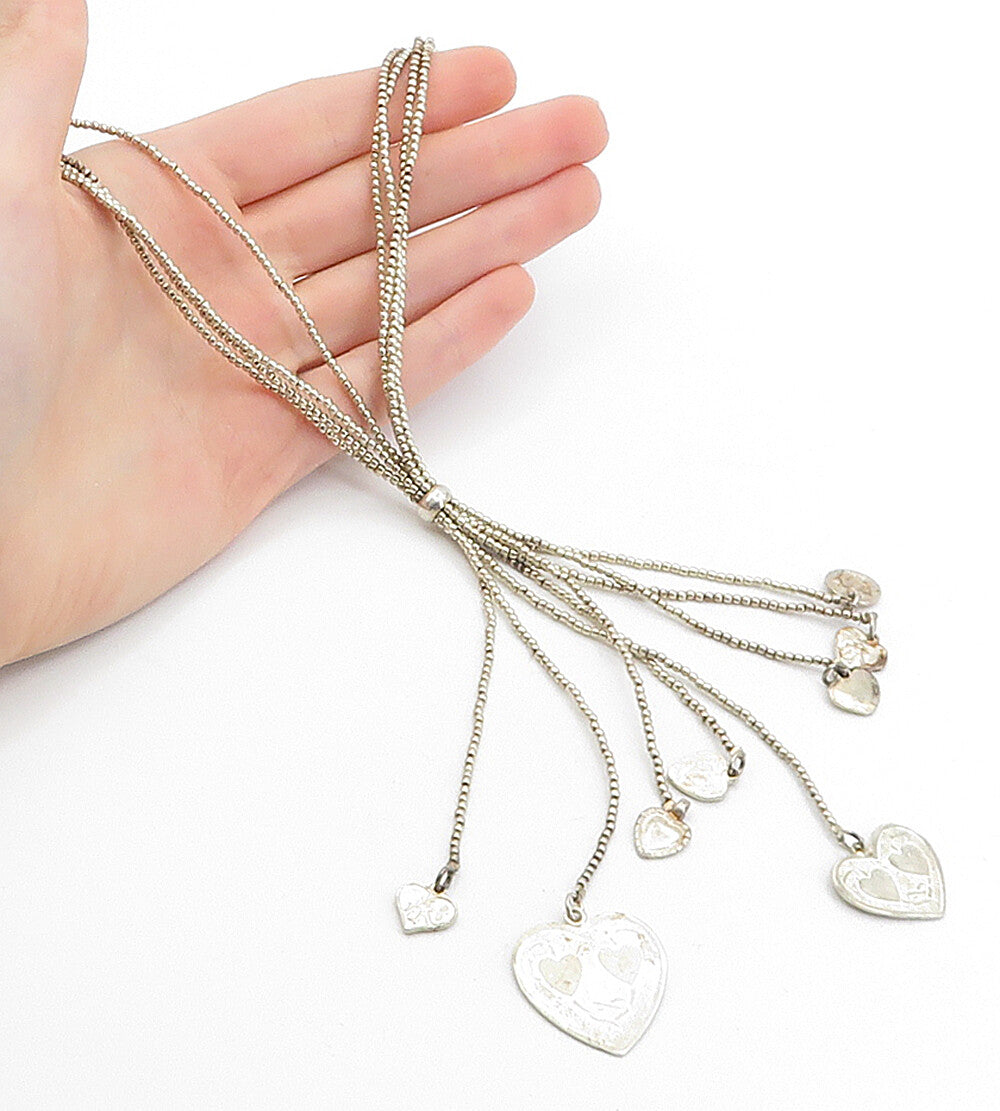 925 Sterling Silver Vintage Multi Strand Hearts Lariat Chain Necklace NE1072