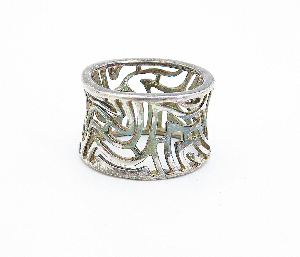 925 Sterling Silver  Vintage Dark Tone Cutout Concave Band Ring Sz 7  RG7109
