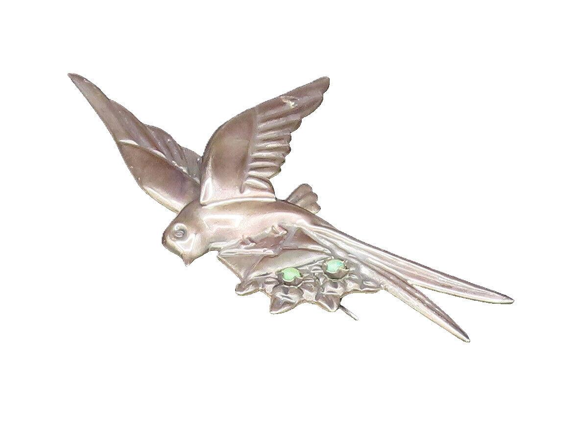 MEXICO 925 Silver  Vintage Antique Dove Bird Turquoise Mail Brooch Pin  BP9682