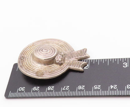 925 Sterling Silver Vintage Brooch MEXICO Etched Floral Hat With Ribbon  BP11816