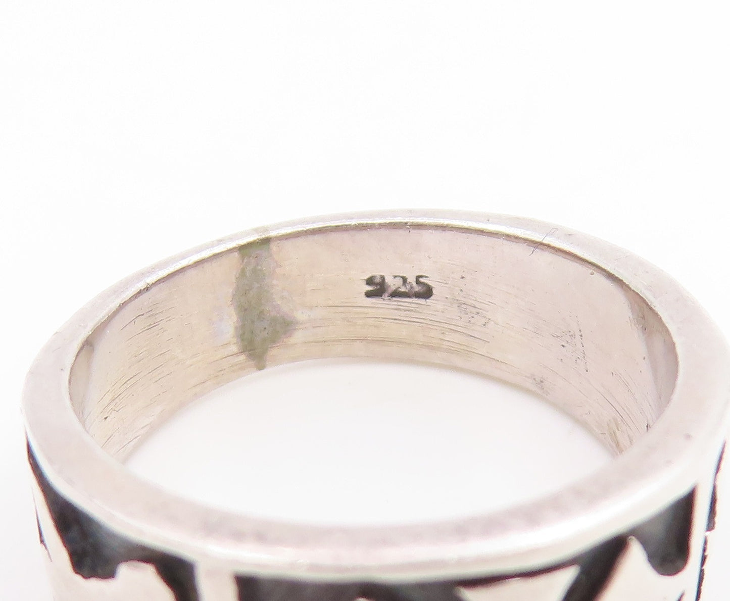 925 Sterling Silver Vintage Ring Modernist Carved Symbols Band  Sz 6  RG35297