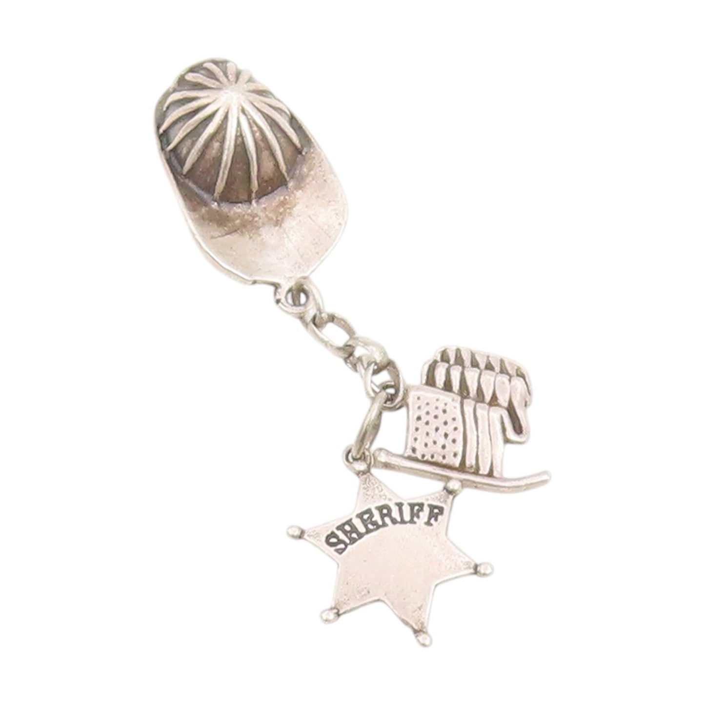 925 Sterling Silver Vintage Pendant Sheriff Badge Hat & US Flag Dangle   PT25178