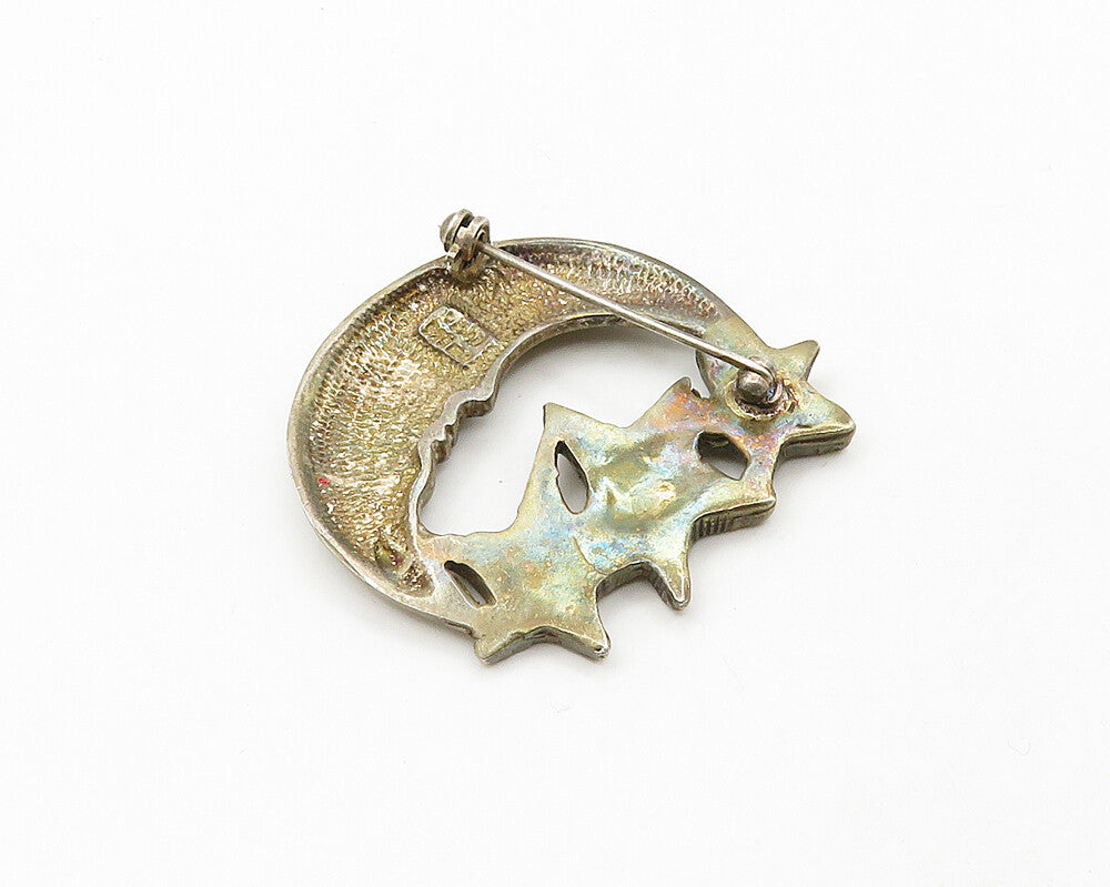 925 Sterling Silver  Vintage Crescent Moon Face & Stars Brooch Pin  BP7717