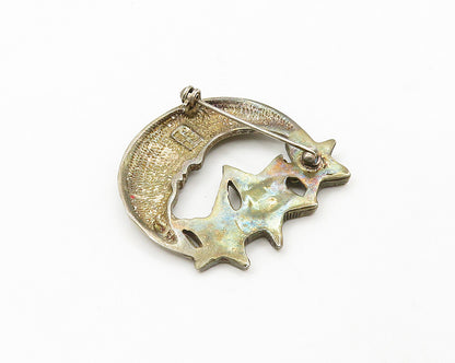 925 Sterling Silver  Vintage Crescent Moon Face & Stars Brooch Pin  BP7717