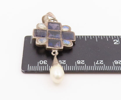 925 Sterling Silver Vintage Pendant Multi Gemstone Geometric Cross  PT26314