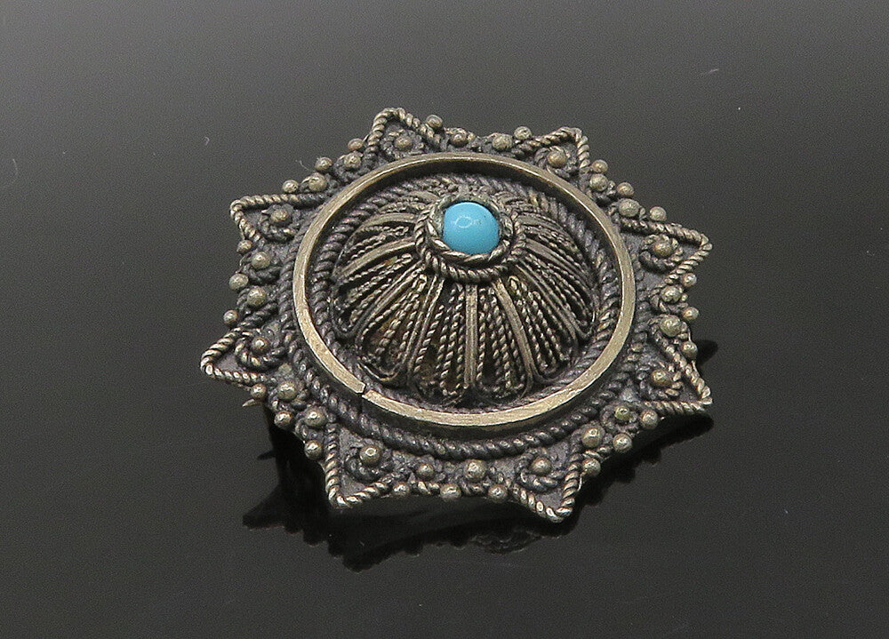 ISRAEL 925 Sterling Silver  Vintage Antique Turquoise Dome Brooch Pin  BP8322