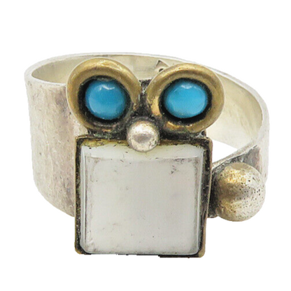 LOUIS BOOTH 925 Silver  Vintage Mother Of Pearl & Turquoise Ring Sz 5  RG18251