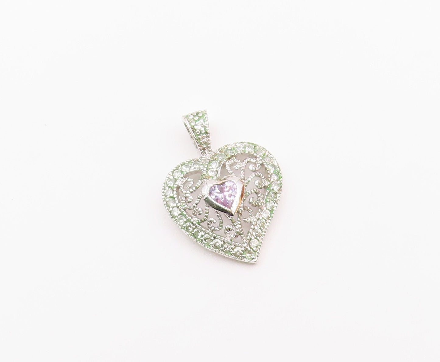 925 Sterling Silver  Vintage Quartz & Topaz Scroll Love Heart Pendant  PT20231