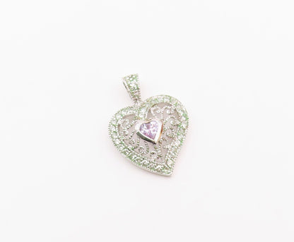 925 Sterling Silver  Vintage Quartz & Topaz Scroll Love Heart Pendant  PT20231