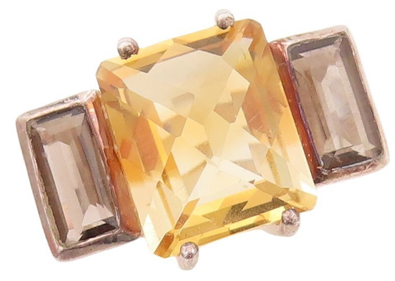 925 Sterling Silver Vintage Ring Rectangle Citrine & Smoky Quartz  Sz 8  RG30434
