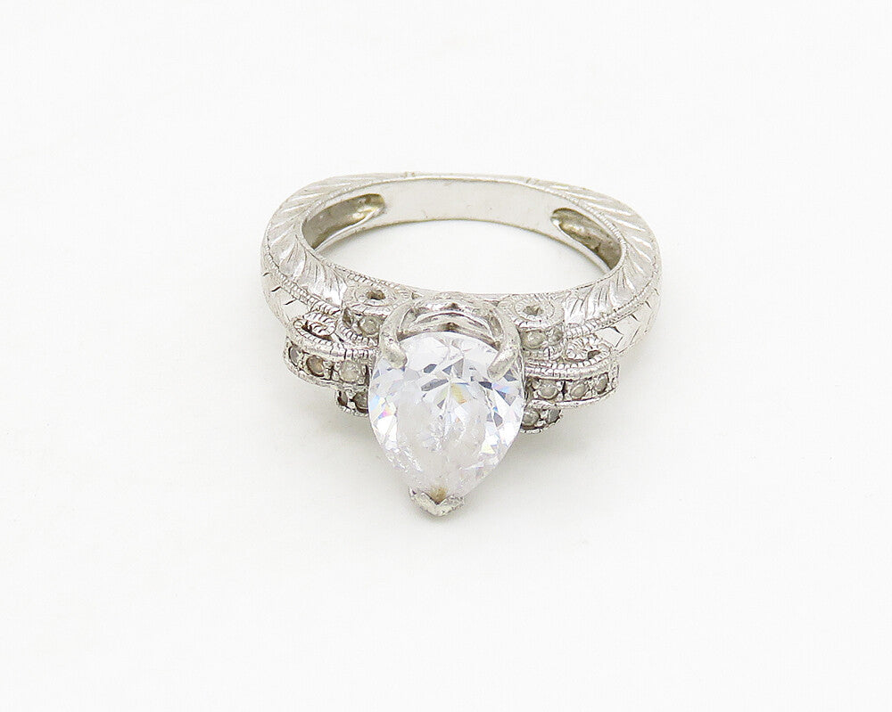 925 Sterling Silver  Vintage Tear Drop Cubic Zirconia Band Ring Sz 7  RG17659
