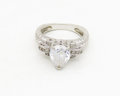 925 Sterling Silver  Vintage Tear Drop Cubic Zirconia Band Ring Sz 7  RG17659