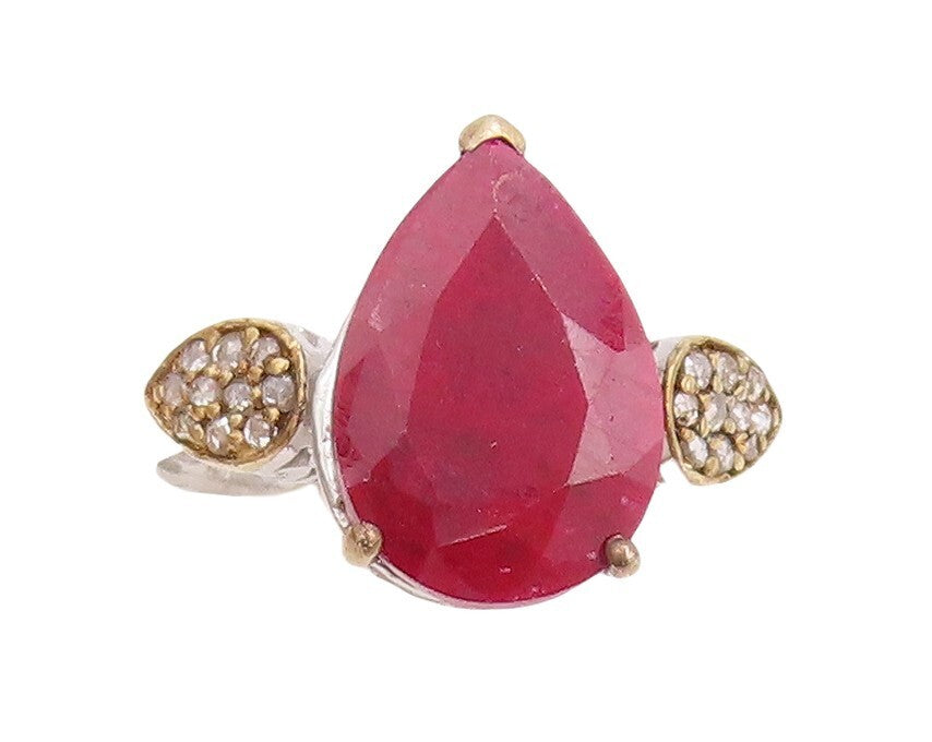 925 Sterling Silver Vintage Ring Diamonds & Drop Cut Gemstone  Sz 7.5  RG30527