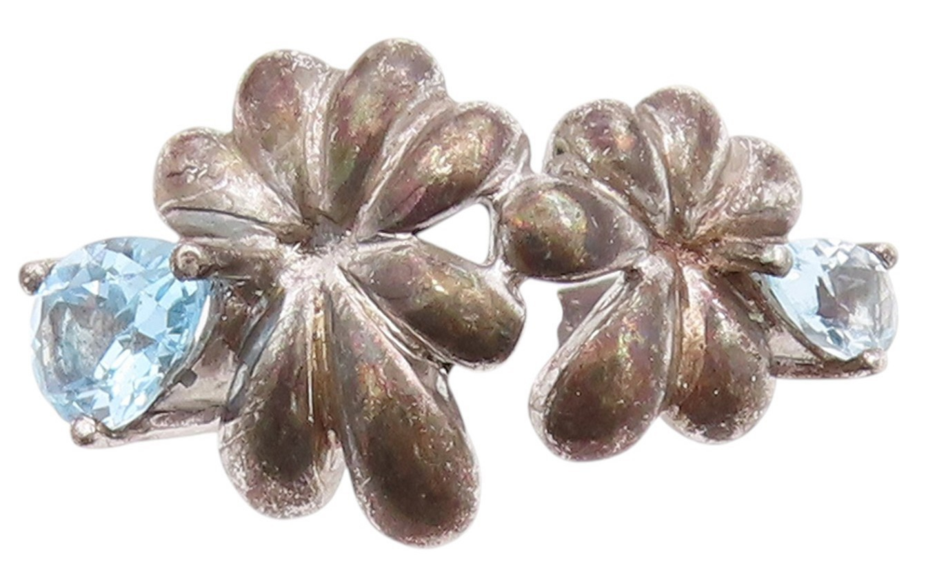 925 Sterling Silver Vintage Ring Blue Topaz Floral Cut Out Band  Sz 7.5  RG33491