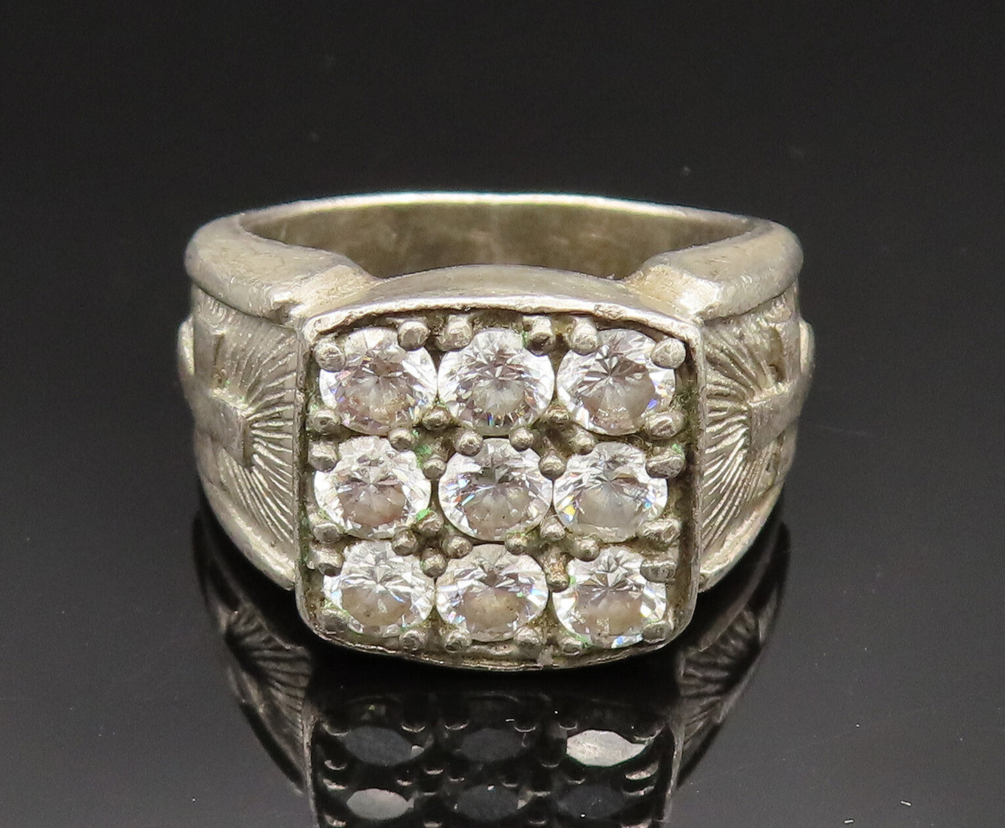 925 Silver  Vintage Cubic Zirconia Religious Cross Signet Ring Sz 9  RG24872