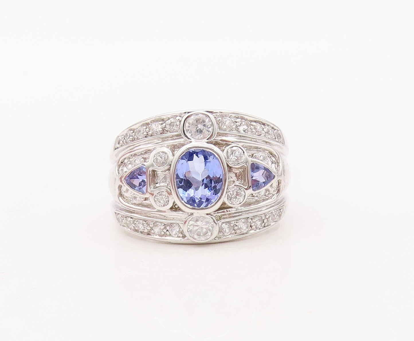 925 Sterling Silver Vintage Ring Carved Blue & White Topaz Inlay  Sz 7 RG30604