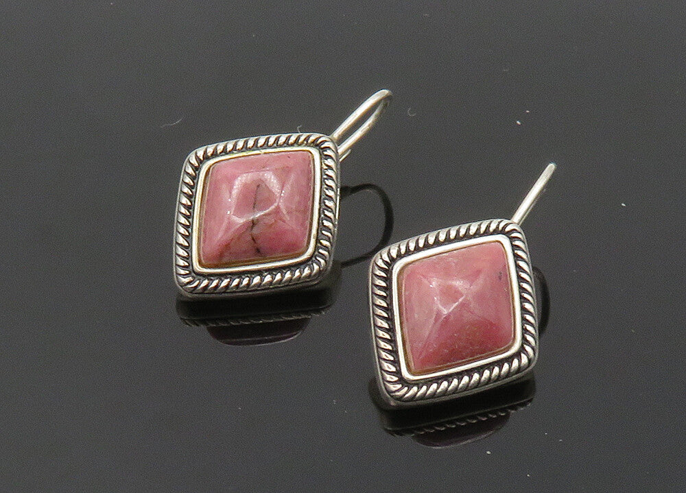 925 Sterling Silver  Vintage Rhodonite Diamond Shape Drop Earrings  EG10073
