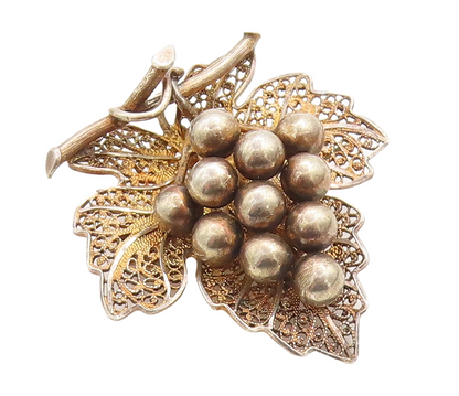 925 Sterling Silver Vintage Brooch Pin EUROPE Gold Plated Grapes Leaf  BP11353