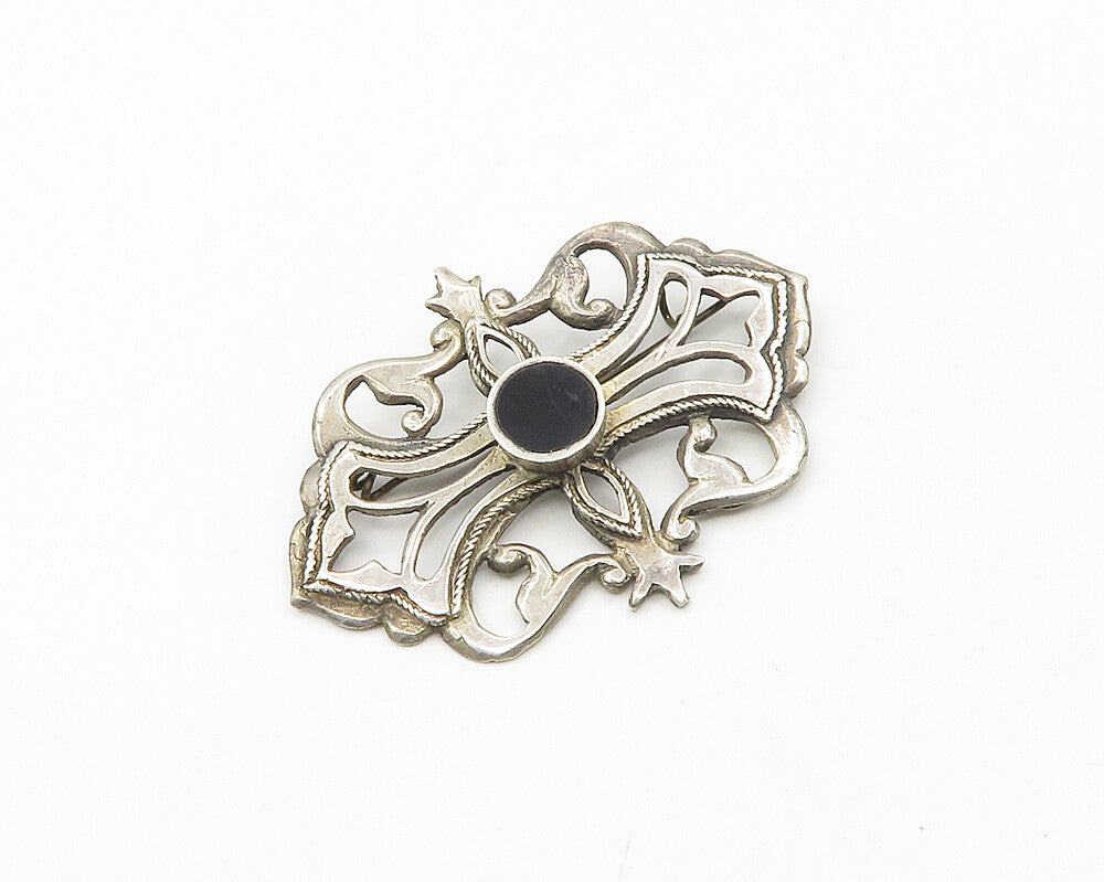 925 Sterling Silver  Vintage Inlaid Black Onyx Cutout Twist Brooch Pin  BP7323