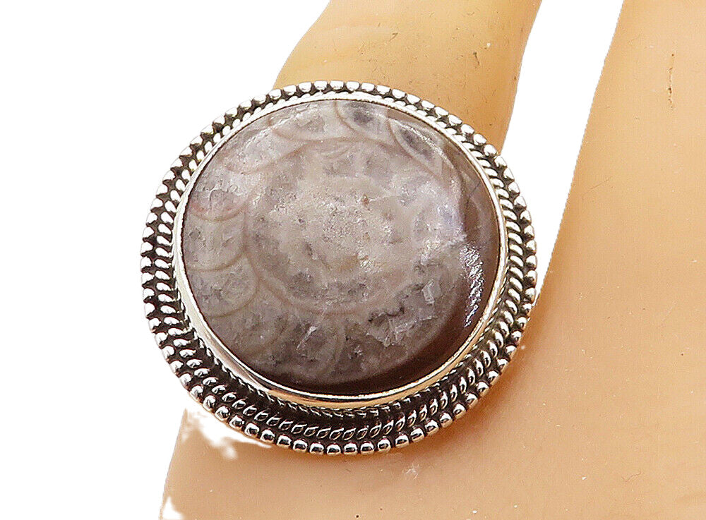 925 Sterling Silver  Jasper Round Fluted Border Cocktail Ring Sz 8  RG8017