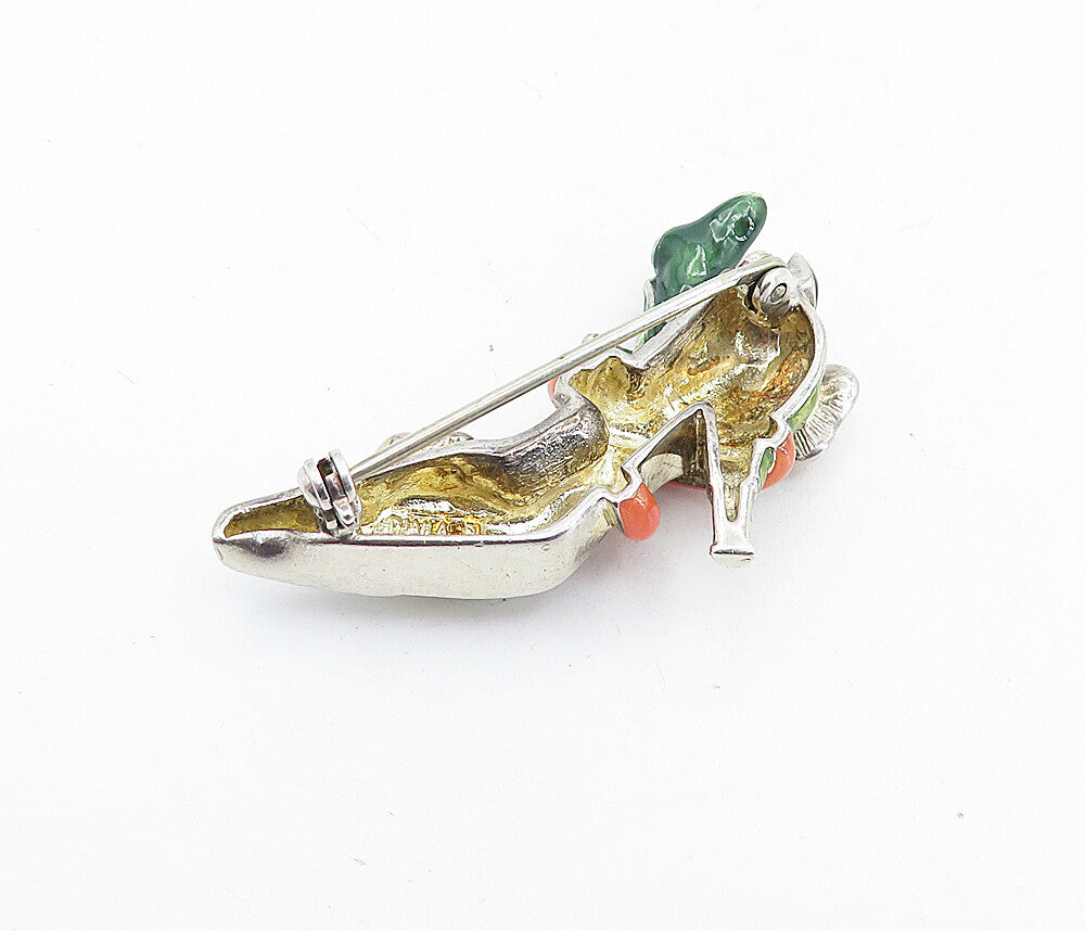 925 Sterling Silver  Vintage Enamel Floral Vine Wrapped Shoe Brooch Pin BP2208