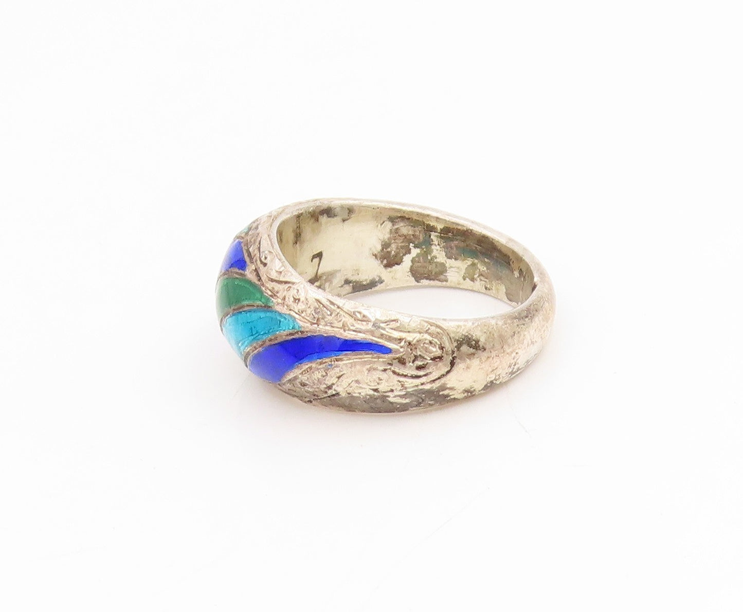 925 Sterling Silver Vintage Ring Modernist Enameled Dome Band  Sz 6.5  RG34356