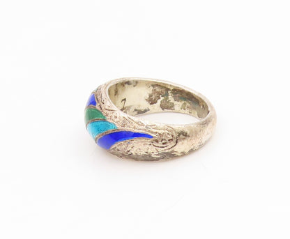 925 Sterling Silver Vintage Ring Modernist Enameled Dome Band  Sz 6.5  RG34356