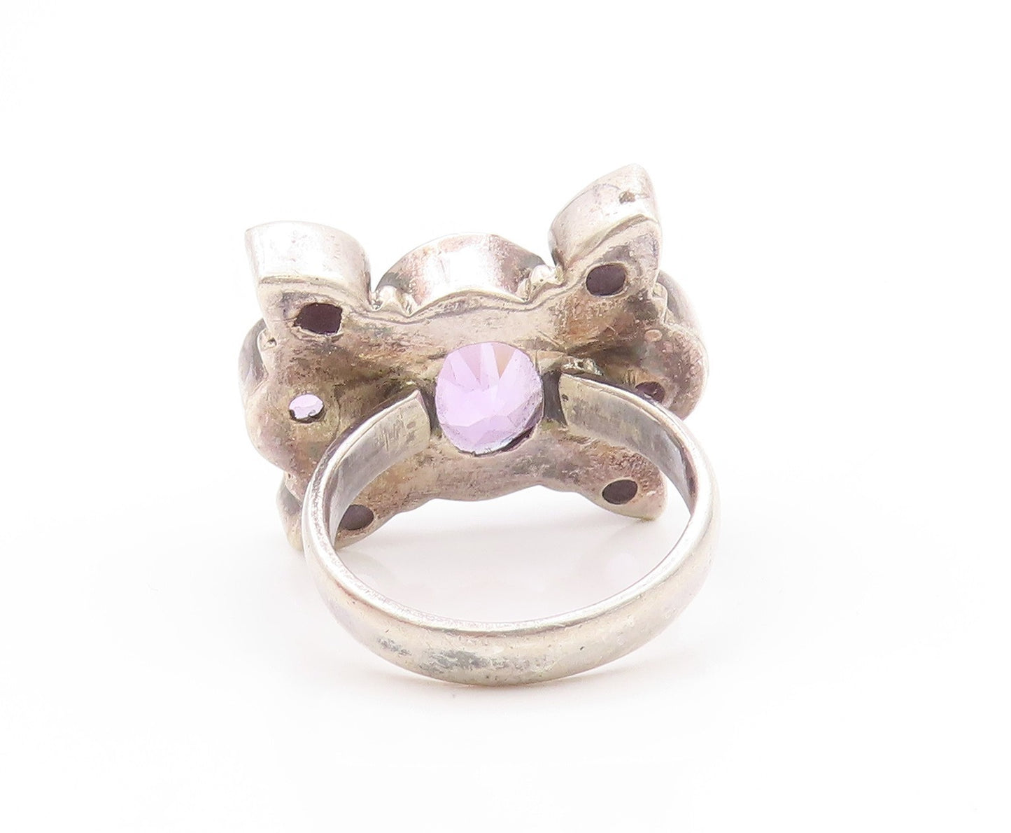 925 Sterling Silver Vintage Ring Oval & Drop Cut Amethyst Design  Sz 7.5 RG32524
