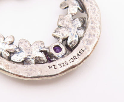 OR PAZ ISRAEL 925 Silver  Vintage Hammered Floral Amethyst Pendant  PT21477