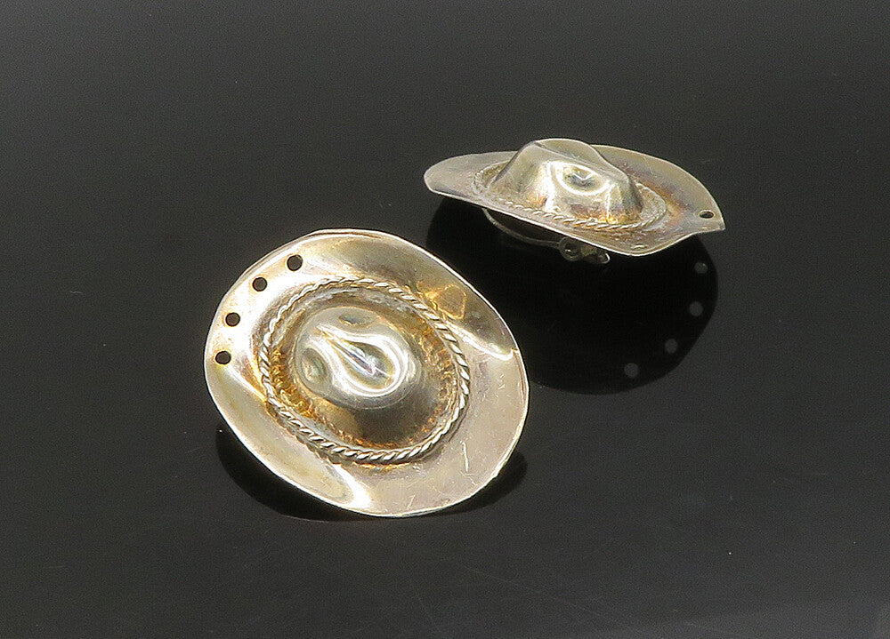 MEXICO 925 Sterling Silver  Vintage Cowboy Hat Non Pierce Earrings  EG11375