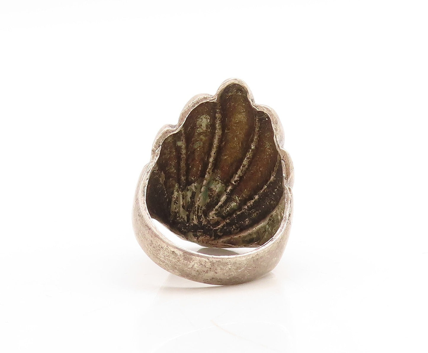 925 Sterling Silver Vintage Ring Dark Tone Fan Design Grooved  Sz 7.5  RG31550