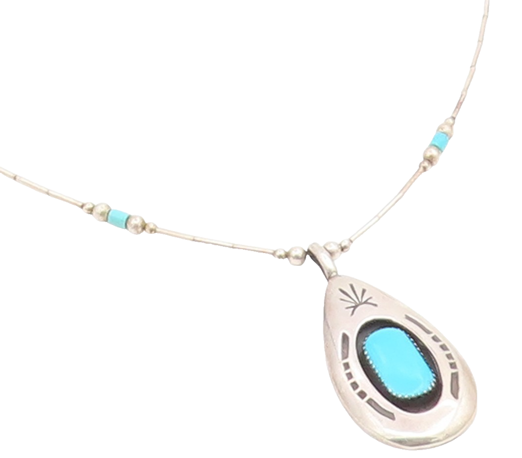 925 Sterling Silver Vintage Necklace NAVAJO ZUNI Turquoise Teardrop  NE4812