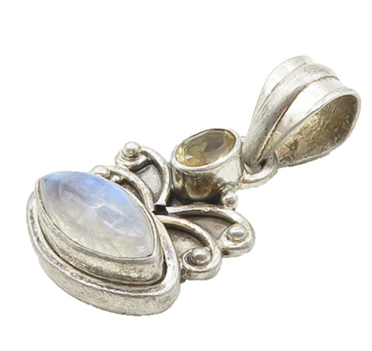 925 Sterling Silver Vintage Marquise Cut Moonstone & Topaz Pendant PT13794