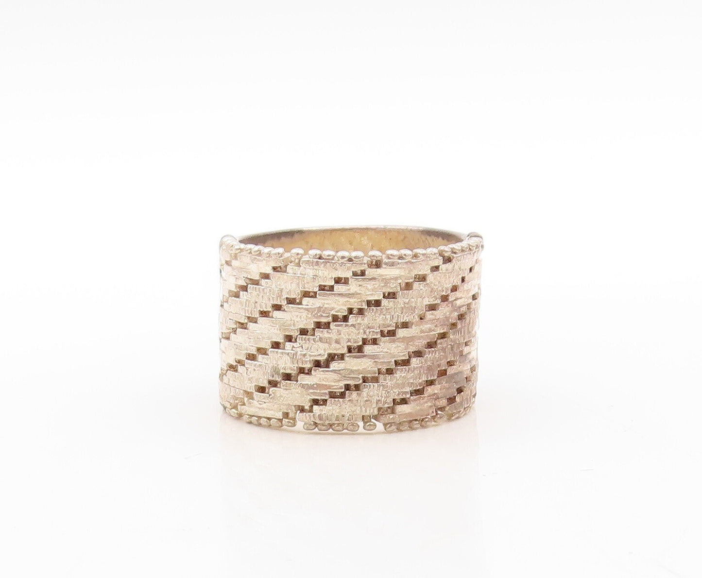 925 Sterling Silver Vintage Ring Brutalist Brick Wall Effect Carved Sz 9 RG31451