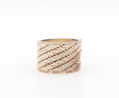 925 Sterling Silver Vintage Ring Brutalist Brick Wall Effect Carved Sz 9 RG31451