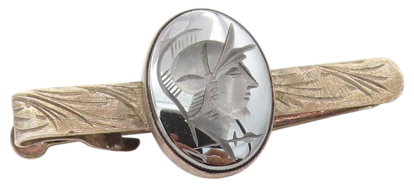 925 Sterling Silver Vintage Tie Clip Carved Hematite Greek Soldier Motif  TR4186