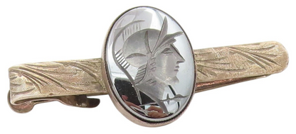 925 Sterling Silver Vintage Tie Clip Carved Hematite Greek Soldier Motif  TR4186